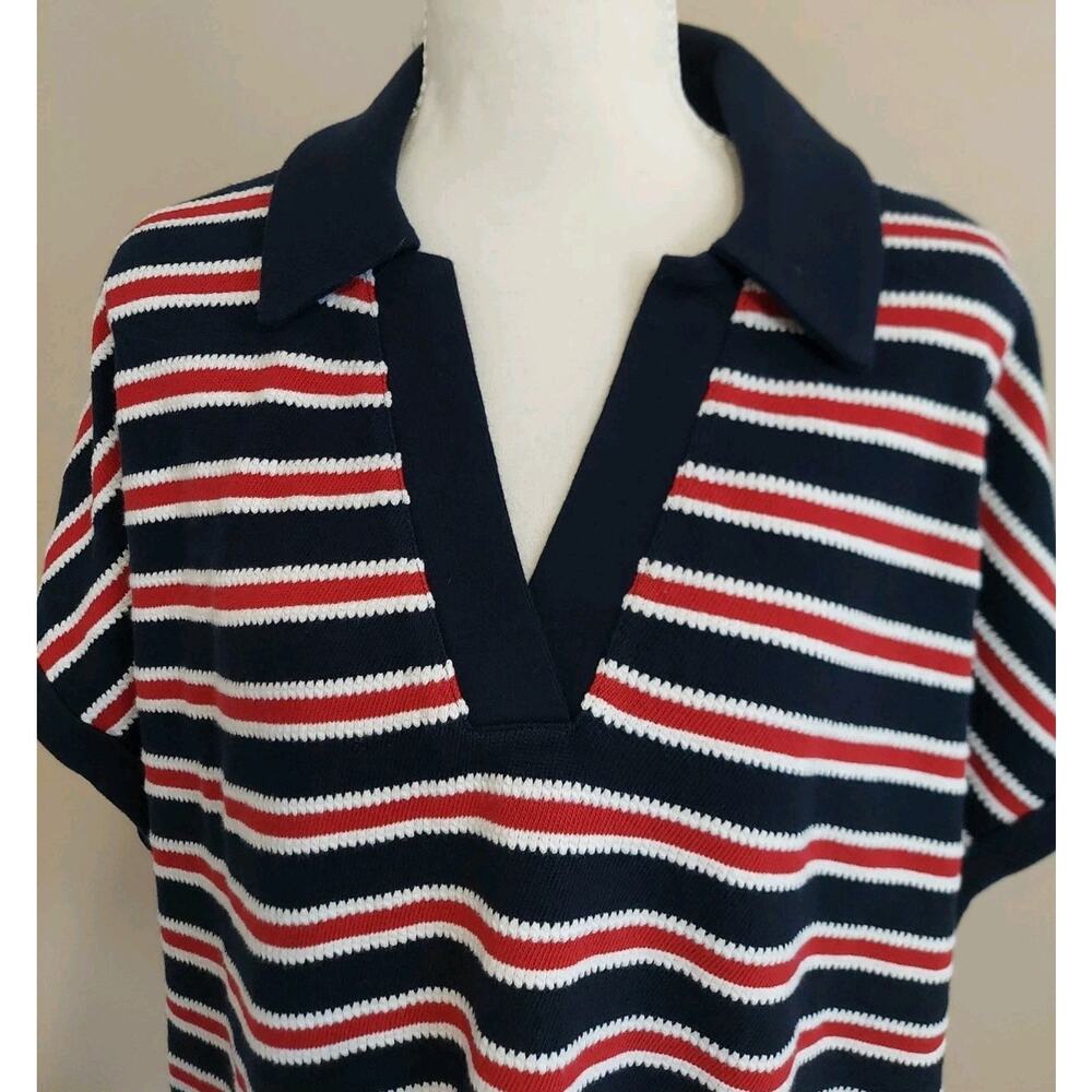 Madewell Women's V-Neck Polo Shirt in Stripe Cotton Blue/Navy SZ L - Picture 3 of 12